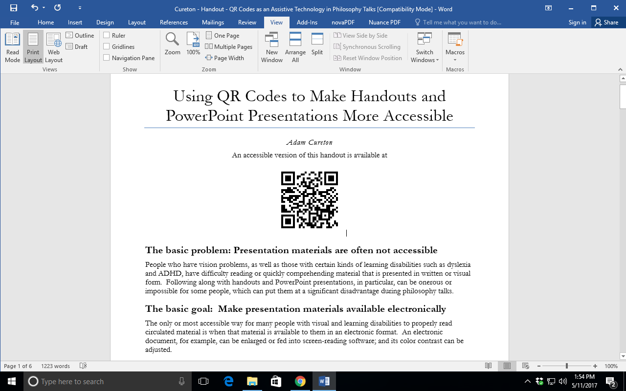 Shows a screenshot of a Windows computer, after the QR code has been pasted into a Microsoft Word document